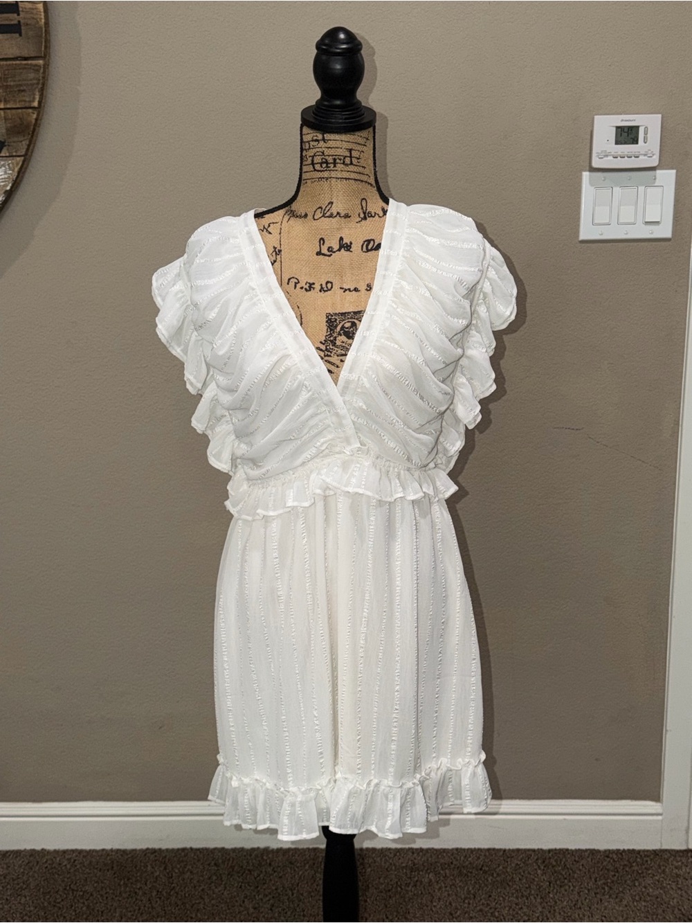 FAVLUX White Women's Ruffled V-Neck Dress with Metallic Trim